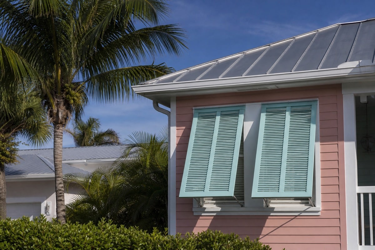Coastal Florida home with Bahama shutters and palm trees