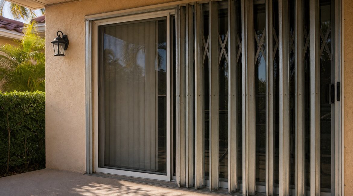 Accordion hurricane shutter across a Florida patio sliding door