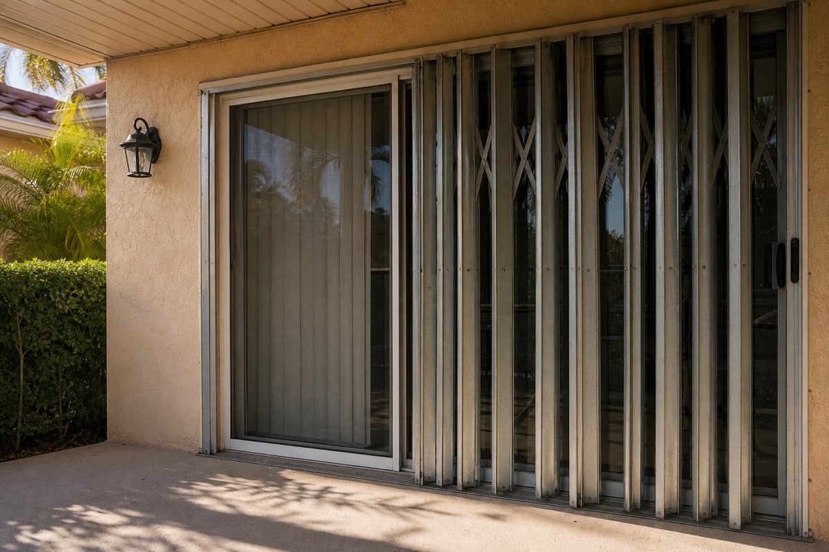 Accordion hurricane shutter across a Florida patio sliding door