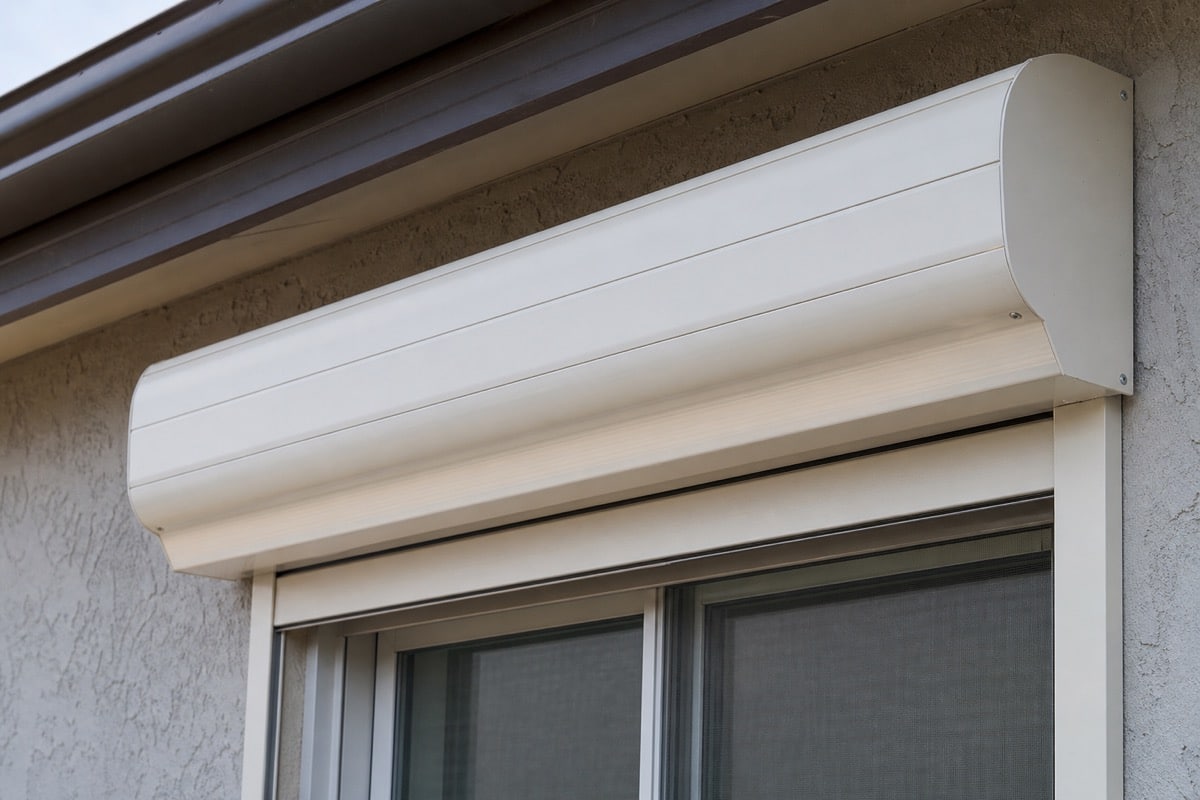 Roll-down hurricane shutter housing above a window