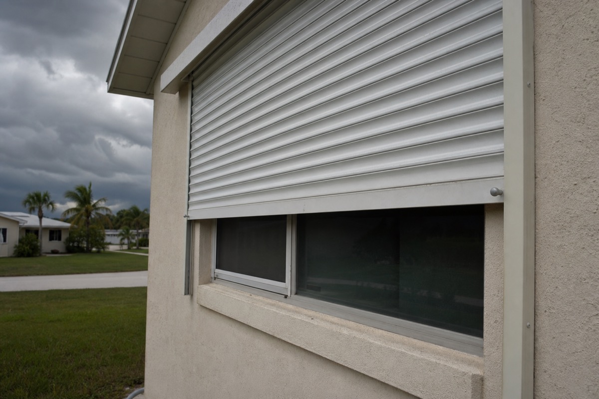Partially lowered roll-down hurricane shutter over a window