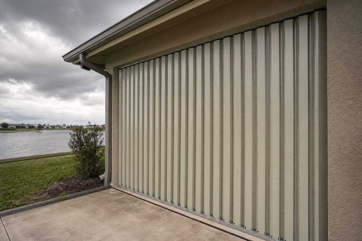 Accordion hurricane shutters latched closed across a lanai