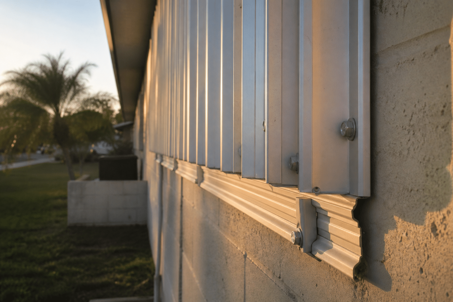 Accordion hurricane shutter track anchored to a concrete block wall