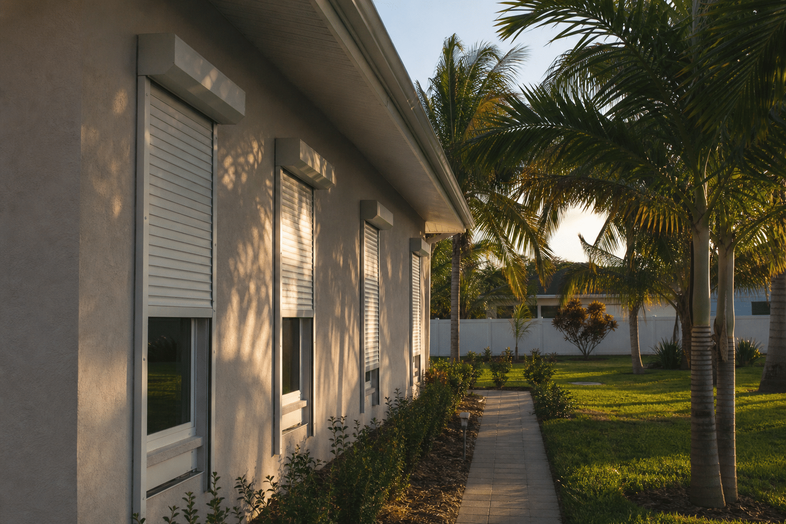 Roll-down hurricane shutters installed above windows on a Florida home