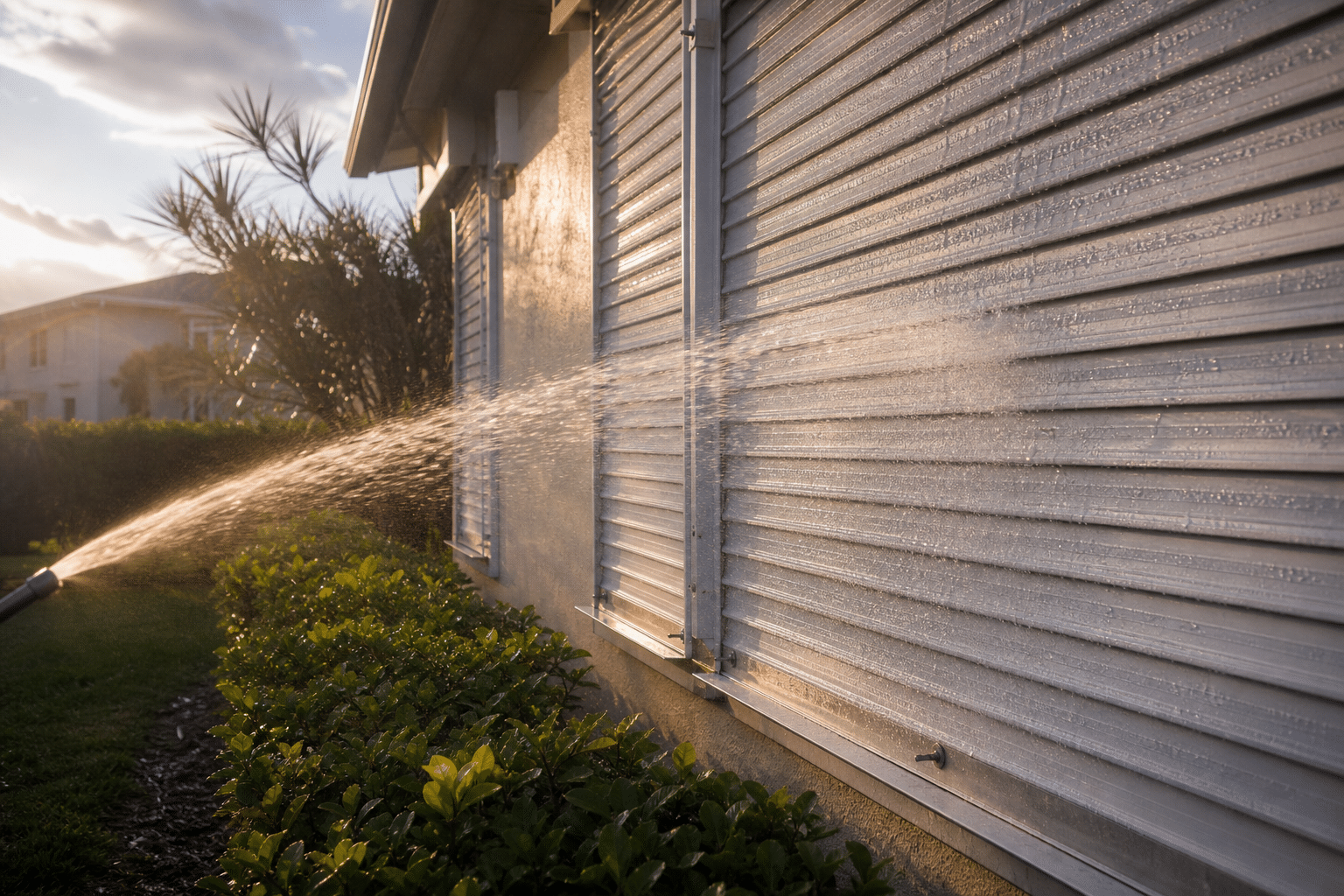 Rinsing aluminum hurricane shutters with fresh water from a garden hose
