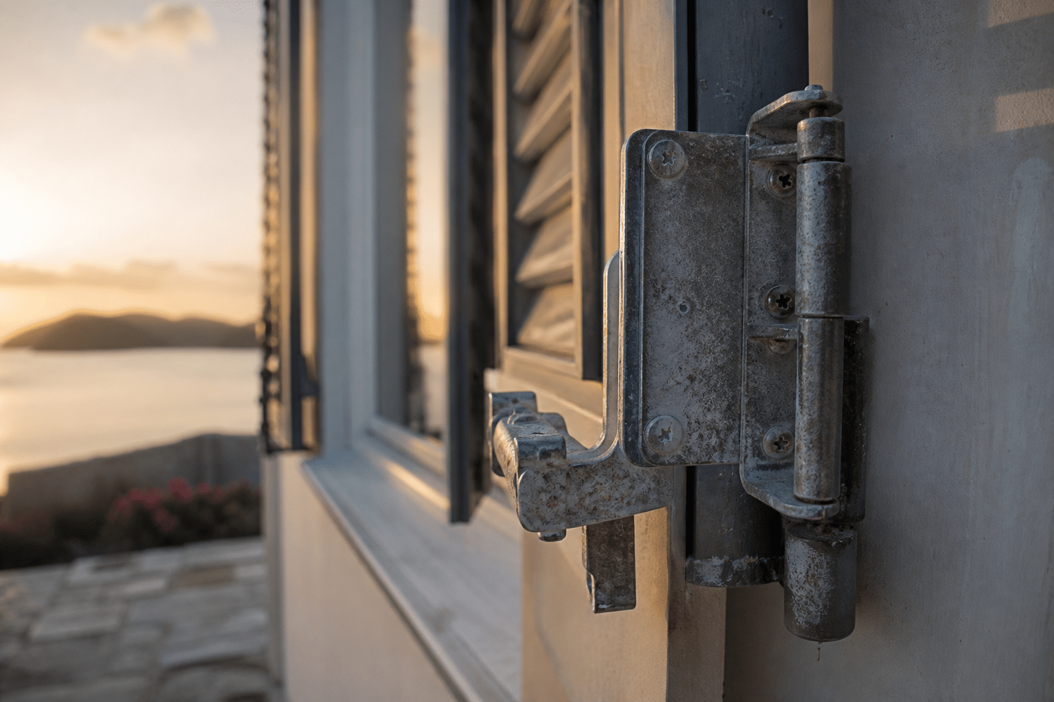 Early oxidation forming on aluminum hurricane shutter hinge hardware