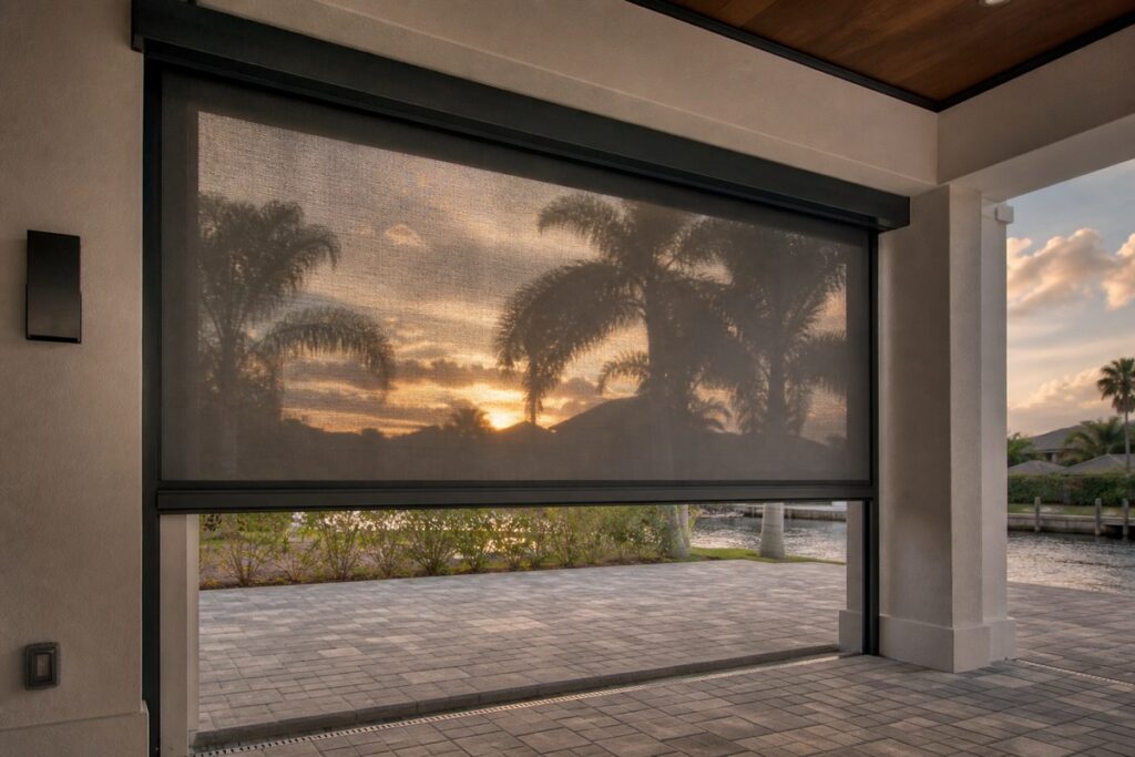 Motorized roll-down hurricane screen partially lowered over a Florida lanai opening