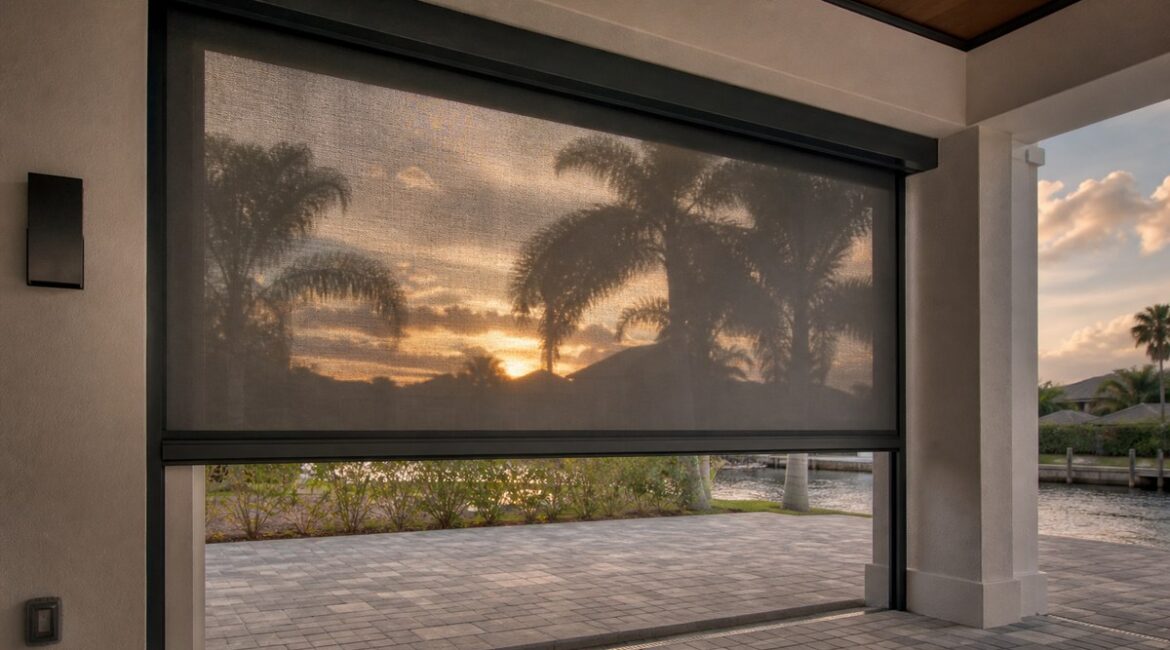 Motorized roll-down hurricane screen partially lowered over a Florida lanai opening