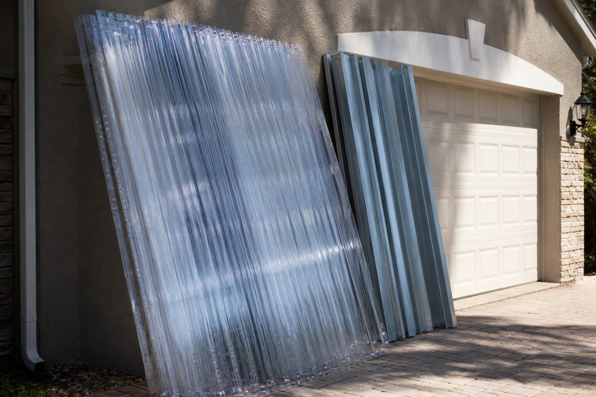 Stack of clear polycarbonate storm panels leaning against a garage wall ready for installation
