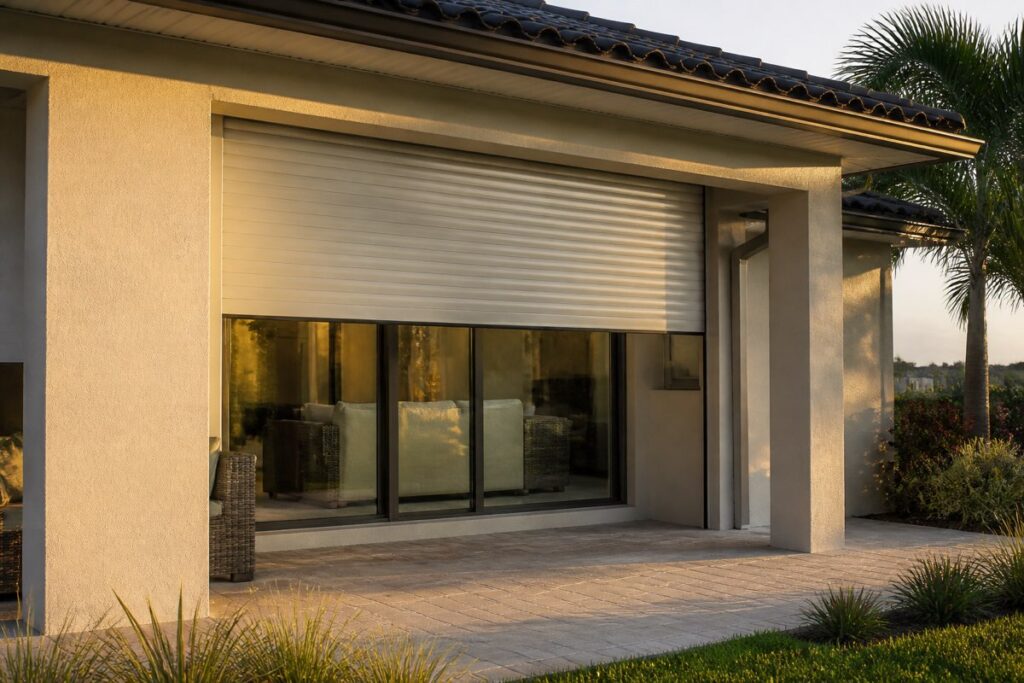 Roll-down hurricane shutter partially lowered over a lanai sliding door on a Fort Myers home