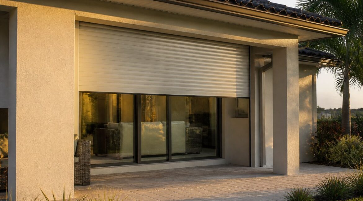 Roll-down hurricane shutter partially lowered over a lanai sliding door on a Fort Myers home