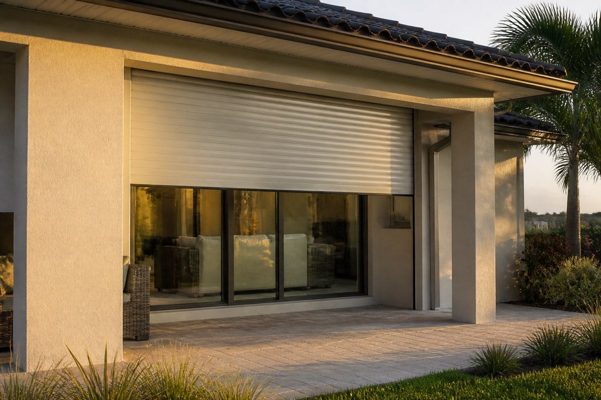 Roll-down hurricane shutter partially lowered over a lanai sliding door on a Fort Myers home