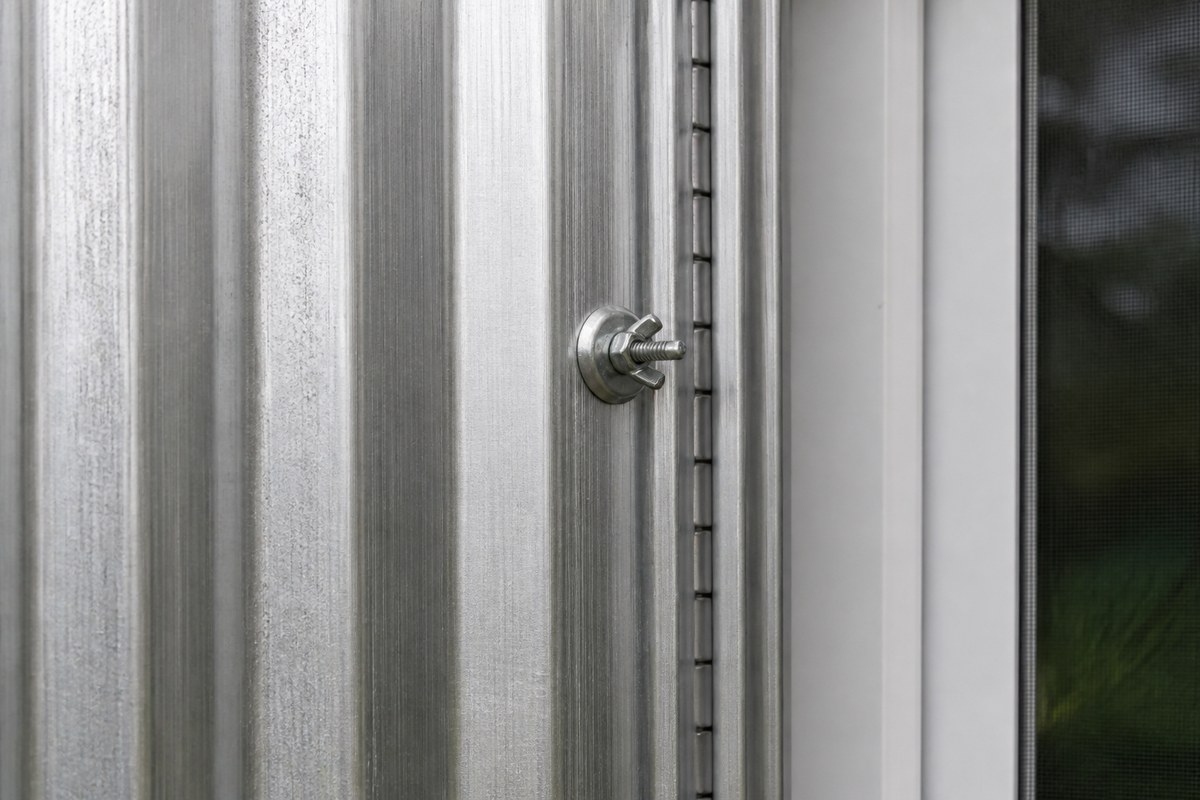 Close-up of aluminum storm panel texture and wing-nut track hardware