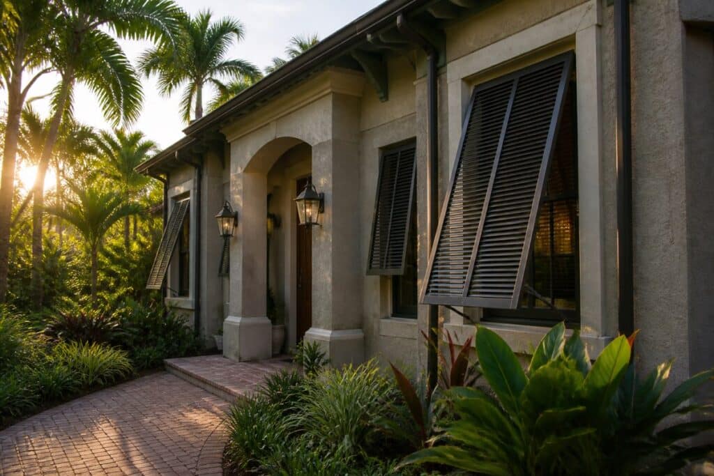Classic tropical Bahama shutters propped open on a Fort Myers home exterior