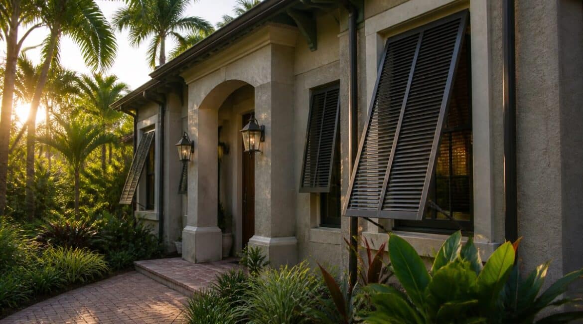 Classic tropical Bahama shutters propped open on a Fort Myers home exterior