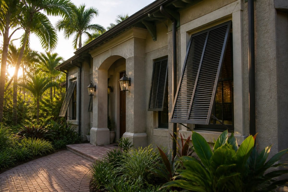 Classic tropical Bahama shutters propped open on a Fort Myers home exterior