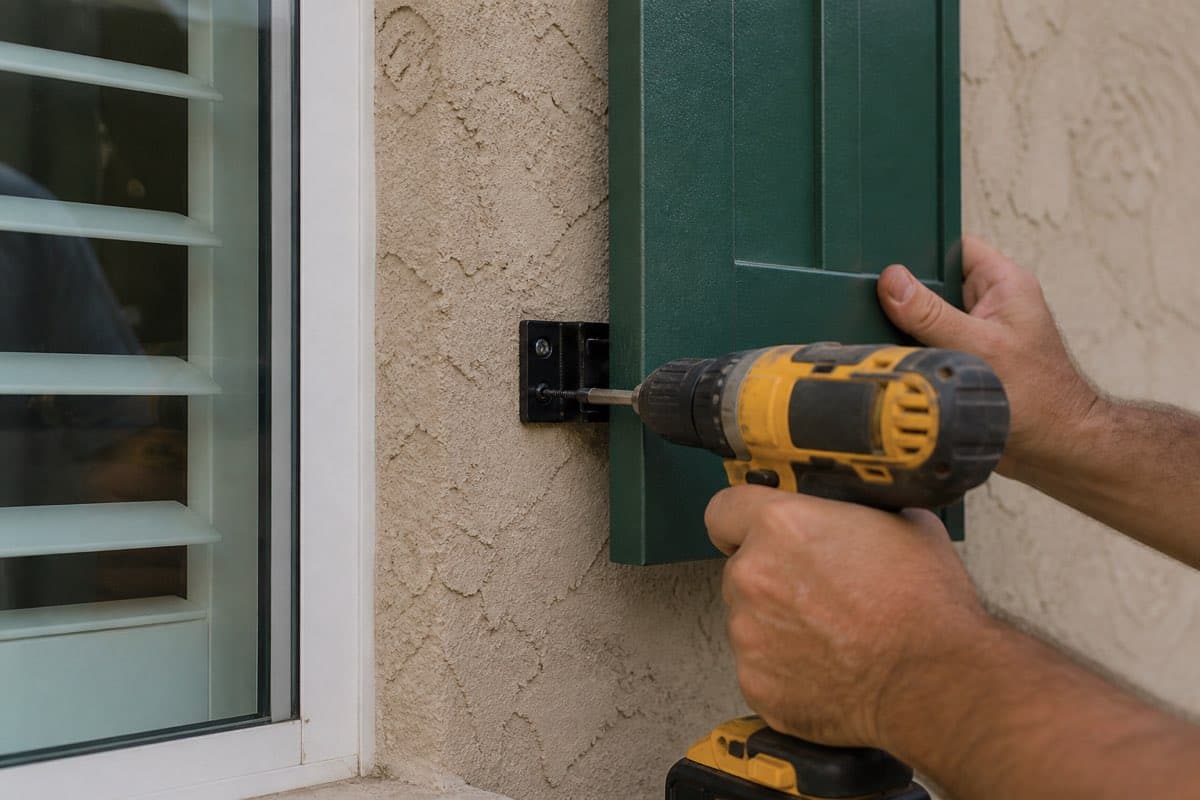 Contractor anchoring a Bahama shutter frame bracket into a stucco wall with a drill