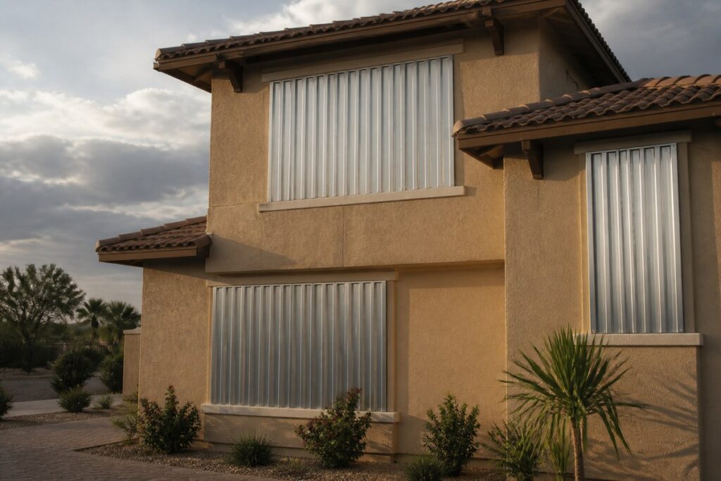 Southwest Florida stucco home with aluminum hurricane storm panels installed over windows