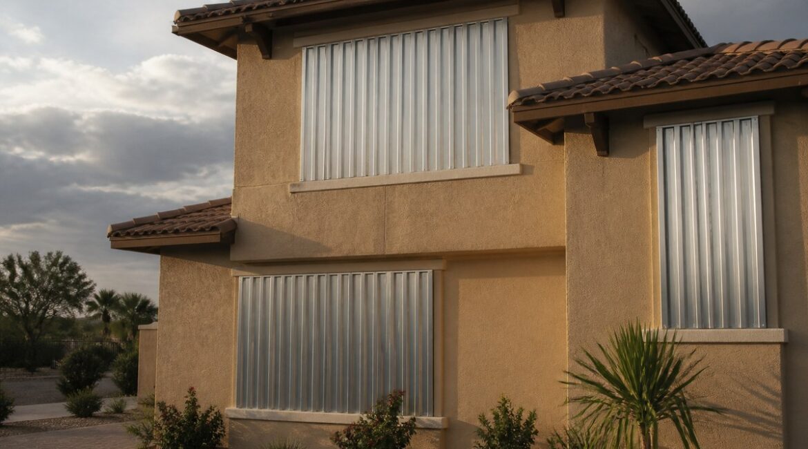 Southwest Florida stucco home with aluminum hurricane storm panels installed over windows