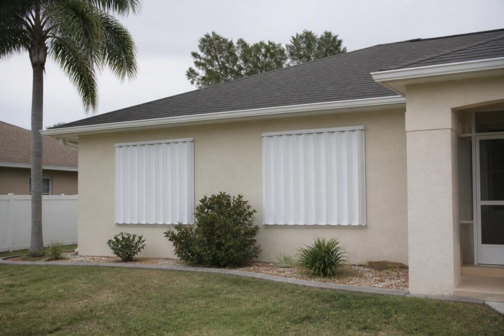 Illustration of closed accordion shutters on a Florida home