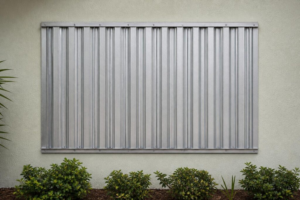 Illustration of hurricane panels covering a Florida home window