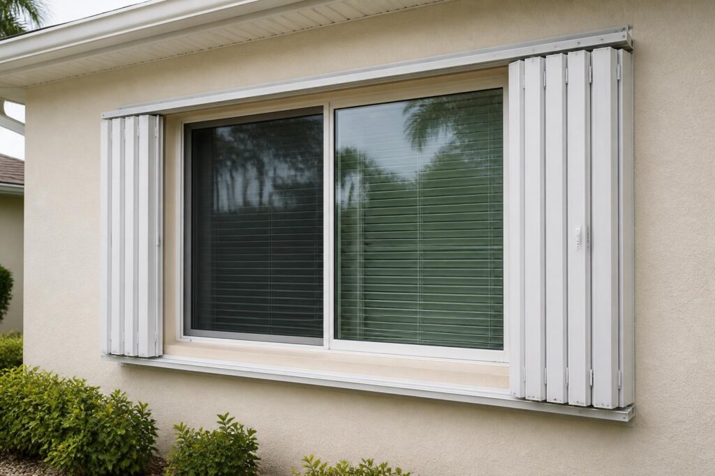 Illustration of open accordion shutters beside a Florida home window