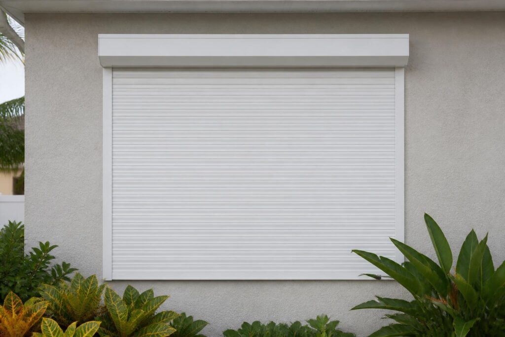 Illustration of a closed roll-down hurricane shutter on a Florida home