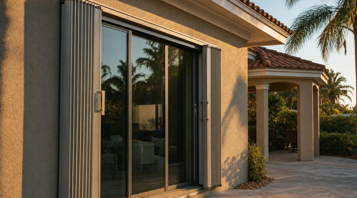 Accordion hurricane shutter panel extended beside a sliding glass door on a Fort Myers home