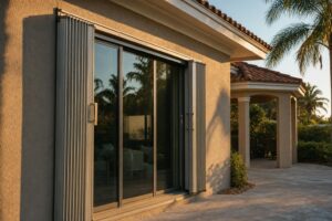Accordion hurricane shutter panel extended beside a sliding glass door on a Fort Myers home