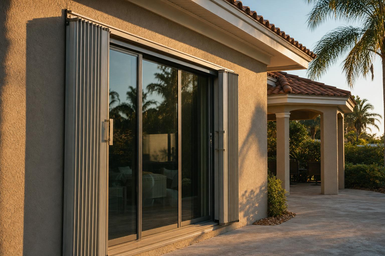 Accordion hurricane shutter panel extended beside a sliding glass door on a Fort Myers home