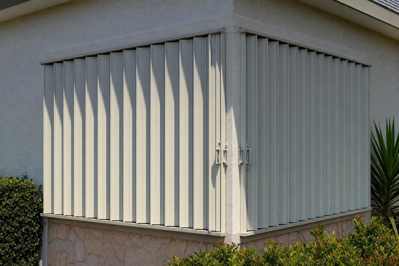 Two accordion hurricane shutter panels meeting and locking at a home's corner post